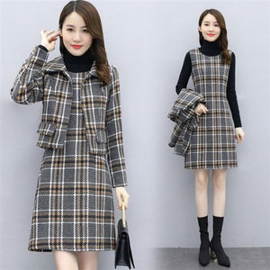 Winter Mother Fashion Temperament Woolen Two-Piece Sets Short Coat + Vest Dress Party Warm Women Suits Plus Size M-4XL