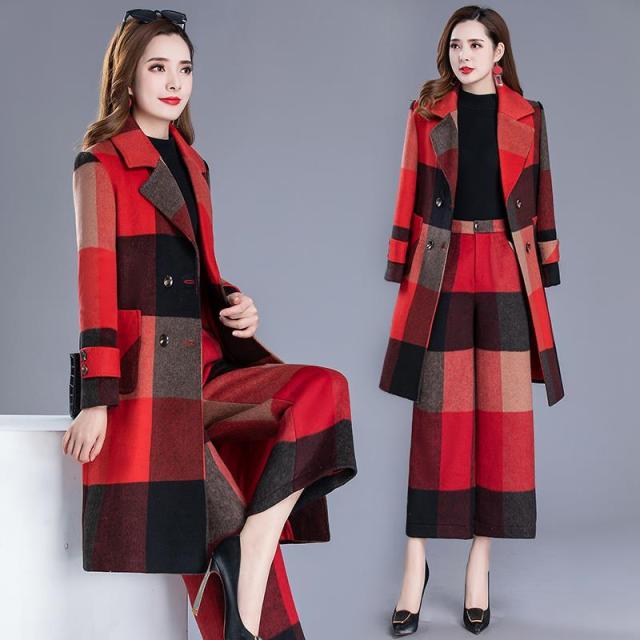 Winter New Fashion Suits Loose Large Size Woolen PlaidJacket + Wide Leg Pants Female Two-Piece Sets M-4XL