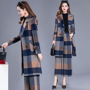 Winter New Fashion Suits Loose Large Size Woolen PlaidJacket + Wide Leg Pants Female Two-Piece Sets M-4XL