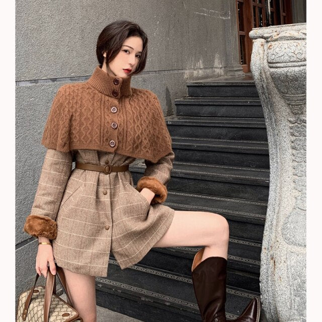 Winter New Female Ins Tide Plus Velvet Thick Plaid Cloak High Neck Knitted Shawl + Woolen Coat Two-Pieces Sets Women