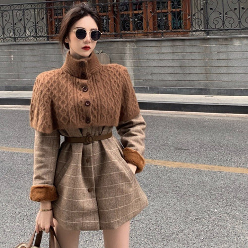 Winter New Female Ins Tide Plus Velvet Thick Plaid Cloak High Neck Knitted Shawl + Woolen Coat Two-Pieces Sets Women