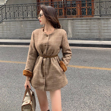 Load image into Gallery viewer, Winter New Female Ins Tide Plus Velvet Thick Plaid Cloak High Neck Knitted Shawl + Woolen Coat Two-Pieces Sets Women