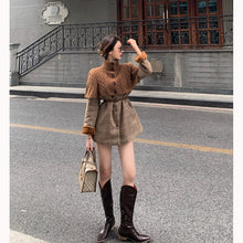 Load image into Gallery viewer, Winter New Female Ins Tide Plus Velvet Thick Plaid Cloak High Neck Knitted Shawl + Woolen Coat Two-Pieces Sets Women