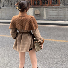 Load image into Gallery viewer, Winter New Female Ins Tide Plus Velvet Thick Plaid Cloak High Neck Knitted Shawl + Woolen Coat Two-Pieces Sets Women