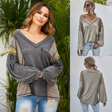 Load image into Gallery viewer, Winter New Women Autumn T-Shirt Fashion Splicing Sexy V Neck Pocket Design Lantern Sleeve Tees Casual Loose Female Tops
