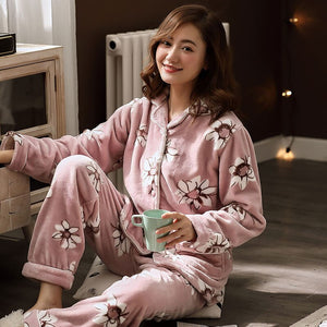 Winter Pajamas Set Women Thick Flannel Flower Print Sexy Pyjama Female Room Home Sleepwear Long Pant 2Piece/Set Clothes