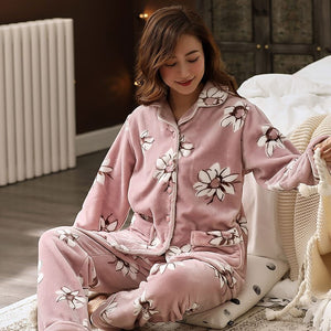 Winter Pajamas Set Women Thick Flannel Flower Print Sexy Pyjama Female Room Home Sleepwear Long Pant 2Piece/Set Clothes