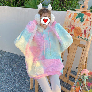 Winter Rainbow Kawaii Fur Hoodies Women Warm Sweet Oversized Hoodie Female Harajuku High Street Korean Sweatshirt Women 2020 New