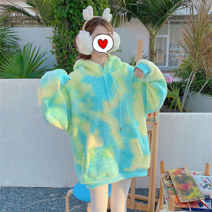 Winter Rainbow Kawaii Fur Hoodies Women Warm Sweet Oversized Hoodie Female Harajuku High Street Korean Sweatshirt Women 2020 New