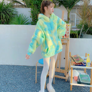 Winter Rainbow Kawaii Fur Hoodies Women Warm Sweet Oversized Hoodie Female Harajuku High Street Korean Sweatshirt Women 2020 New