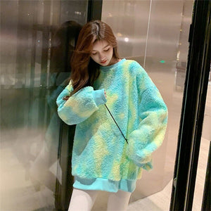 Winter Rainbow Kawaii Fur Hoodies Women Warm Sweet Oversized Hoodie Female Harajuku High Street Korean Sweatshirt Women 2020 New