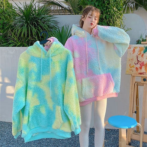 Winter Rainbow Kawaii Fur Hoodies Women Warm Sweet Oversized Hoodie Female Harajuku High Street Korean Sweatshirt Women 2020 New