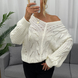 Winter Spring Women Fashion Long Sleeve Casual Loose Lazy Style Outerwear Hollow Out Solid Color V Neck Knitted Pullover Sweater