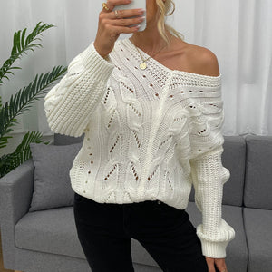 Winter Spring Women Fashion Long Sleeve Casual Loose Lazy Style Outerwear Hollow Out Solid Color V Neck Knitted Pullover Sweater