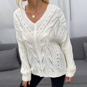 Winter Spring Women Fashion Long Sleeve Casual Loose Lazy Style Outerwear Hollow Out Solid Color V Neck Knitted Pullover Sweater