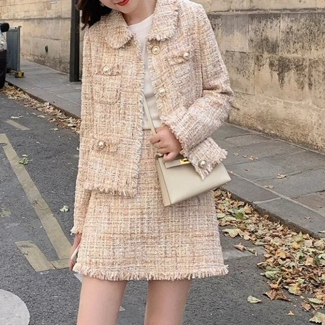 Winter Suits Female Temperament Pink Tweed Jacket Slim Skirt 2-Piece Matching Sets Single Breasted Cute Outfits Women Cardigan