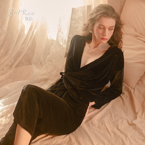 Winter Sweet Velvet Pajama Sleepwear For Women Lace-up Solid Long-sleeved Trouser Homewear Suit Red Christmas Pajama Party 2Pcs