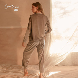 Winter Sweet Velvet Pajama Sleepwear For Women Lace-up Solid Long-sleeved Trouser Homewear Suit Red Christmas Pajama Party 2Pcs