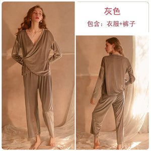 Winter Sweet Velvet Pajama Sleepwear For Women Lace-up Solid Long-sleeved Trouser Homewear Suit Red Christmas Pajama Party 2Pcs