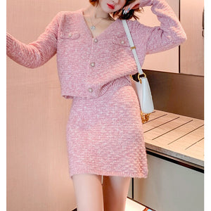 Winter Two-Piece Sets Pearl Button V-Neck Thick Needle Knitted Cardigan + High Waist A-Line Skirt Sweater Suits Women