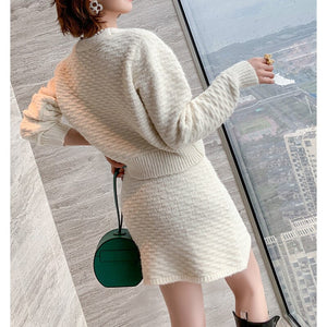 Winter Two-Piece Sets Pearl Button V-Neck Thick Needle Knitted Cardigan + High Waist A-Line Skirt Sweater Suits Women