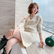 Load image into Gallery viewer, Winter Two-Piece Sets Pearl Button V-Neck Thick Needle Knitted Cardigan + High Waist A-Line Skirt Sweater Suits Women