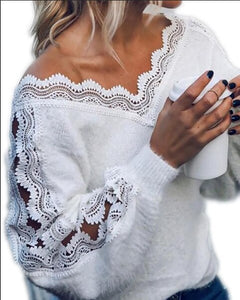 Winter V-neck Womens knitted Sweaters Hollow Jumper Loose White Pullover Female Sweater Blouse Sexy Women Clothing