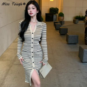 Winter Vintage KnittedDress Women Stripe Patchwork Bodycon Party Midi  Sweater Dress Female Elegant Korean Slim Split Dress 2021