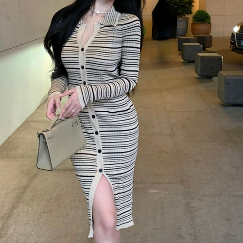 Winter Vintage KnittedDress Women Stripe Patchwork Bodycon Party Midi  Sweater Dress Female Elegant Korean Slim Split Dress 2021