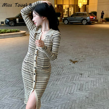 Load image into Gallery viewer, Winter Vintage KnittedDress Women Stripe Patchwork Bodycon Party Midi  Sweater Dress Female Elegant Korean Slim Split Dress 2021