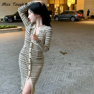 Winter Vintage KnittedDress Women Stripe Patchwork Bodycon Party Midi  Sweater Dress Female Elegant Korean Slim Split Dress 2021