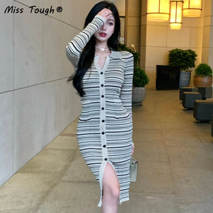 Winter Vintage KnittedDress Women Stripe Patchwork Bodycon Party Midi  Sweater Dress Female Elegant Korean Slim Split Dress 2021