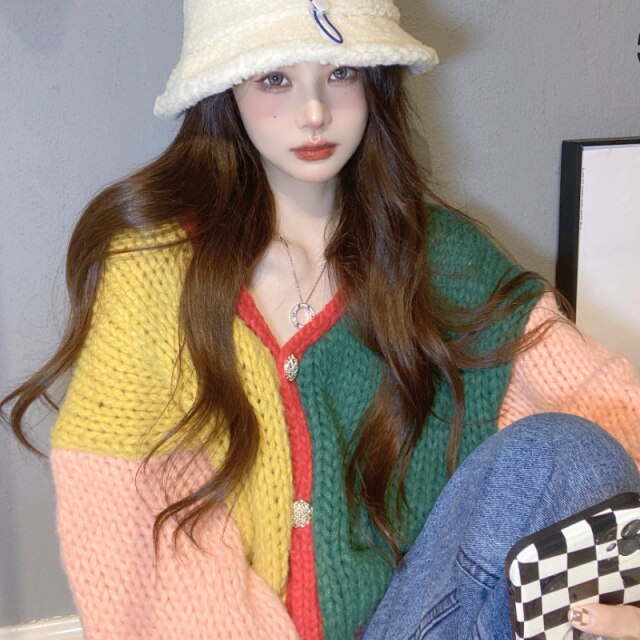 Winter Warm Knitted Sweater Cardigan Women Y2K Colourful Patchwork Sweater Coat Female Korean Fashion Oversized Cardigan 2021