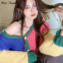 Load image into Gallery viewer, Winter Warm Knitted Sweater Cardigan Women Y2K Colourful Patchwork Sweater Coat Female Korean Fashion Oversized Cardigan 2021