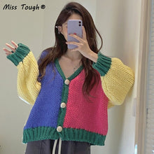 Load image into Gallery viewer, Winter Warm Knitted Sweater Cardigan Women Y2K Colourful Patchwork Sweater Coat Female Korean Fashion Oversized Cardigan 2021