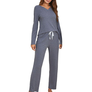 Winter Women Pajamas Set Fashion Sexy V-Neck Long Sleeve Pullover T-shirt with Long Pants Solid Loungewear Sleepwear Home Wear