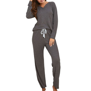 Winter Women Pajamas Set Fashion Sexy V-Neck Long Sleeve Pullover T-shirt with Long Pants Solid Loungewear Sleepwear Home Wear