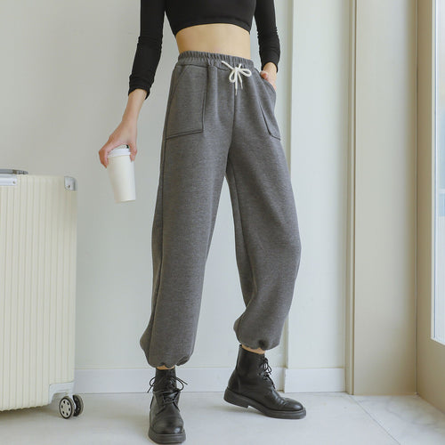 Winter Women Pants Warm Knitted Fleece Inside High Waist Drawstring Elastic Hem Harem Pants Loose Fit Casual Solid Straight Pant