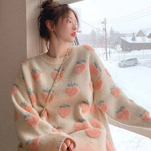 Winter Women Printing Pullovers Knitted Sweaters Loose Oversized Ladies Korean Casual Sueter Round Neck Long Sleeve Mujer Female