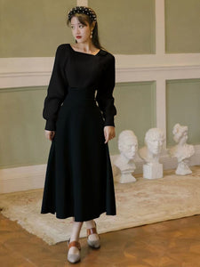 Winter Women Two Piece Set Vintage White Long Sleeve Pullover Sweater &amp; Black Bandage Maxi Skirt Suit Elegant Lady Outfits
