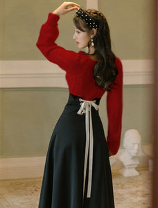 Winter Women Two Piece Set Vintage White Long Sleeve Pullover Sweater &amp; Black Bandage Maxi Skirt Suit Elegant Lady Outfits