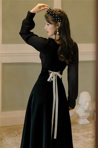 Winter Women Two Piece Set Vintage White Long Sleeve Pullover Sweater &amp; Black Bandage Maxi Skirt Suit Elegant Lady Outfits