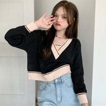 Load image into Gallery viewer, Winter Women V-Neck Pullovers Knitted Sweaters Loose Solid Short Style Ladies Korean Casual Long Sleeve Sueter Mujer Female