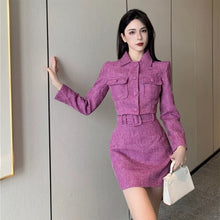 Load image into Gallery viewer, Winter Women&#39;s Two-Piece Sets Woven Jacquard Lavender Purple Tweed Short Jacket + Skirt Girl Suits