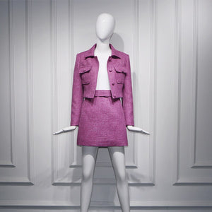 Winter Women's Two-Piece Sets Woven Jacquard Lavender Purple Tweed Short Jacket + Skirt Girl Suits