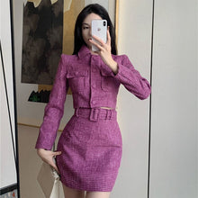 Load image into Gallery viewer, Winter Women&#39;s Two-Piece Sets Woven Jacquard Lavender Purple Tweed Short Jacket + Skirt Girl Suits