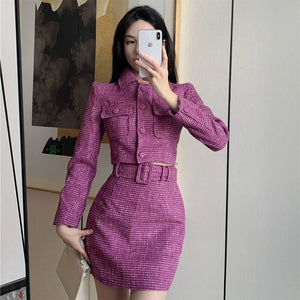 Winter Women's Two-Piece Sets Woven Jacquard Lavender Purple Tweed Short Jacket + Skirt Girl Suits