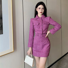 Load image into Gallery viewer, Winter Women&#39;s Two-Piece Sets Woven Jacquard Lavender Purple Tweed Short Jacket + Skirt Girl Suits