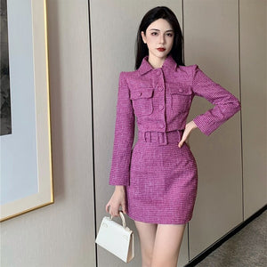 Winter Women's Two-Piece Sets Woven Jacquard Lavender Purple Tweed Short Jacket + Skirt Girl Suits