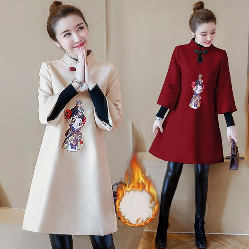 Winter Woolen Improved Cheongsam Women Long Sleeve Stand Collar Retro Buckle Embroidery Chinese Style Mini Dress Female Clothes
